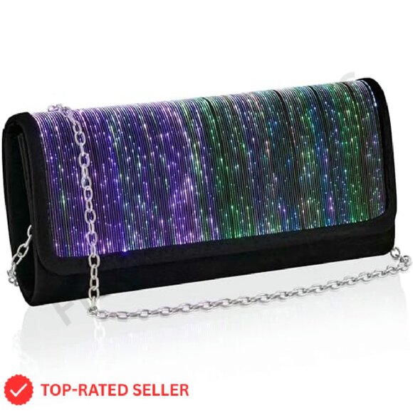 LED Light Up Clutch Purse Rechargeable Holographic Evening Bag Chain Strap - Picture 2 of 7